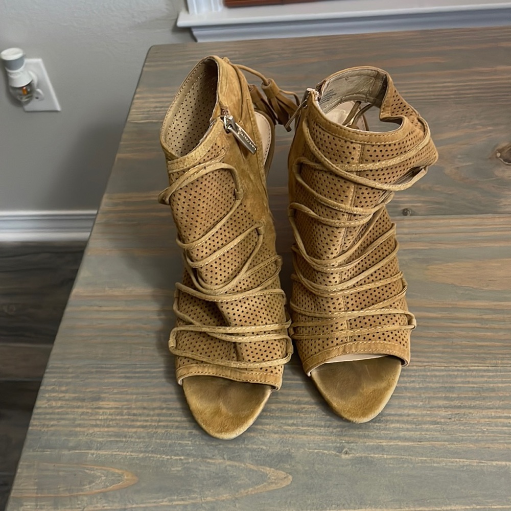 Vince Camuto Lace-Up Suede Heels | Tan Peep Toe Booties 8.5 worn twice